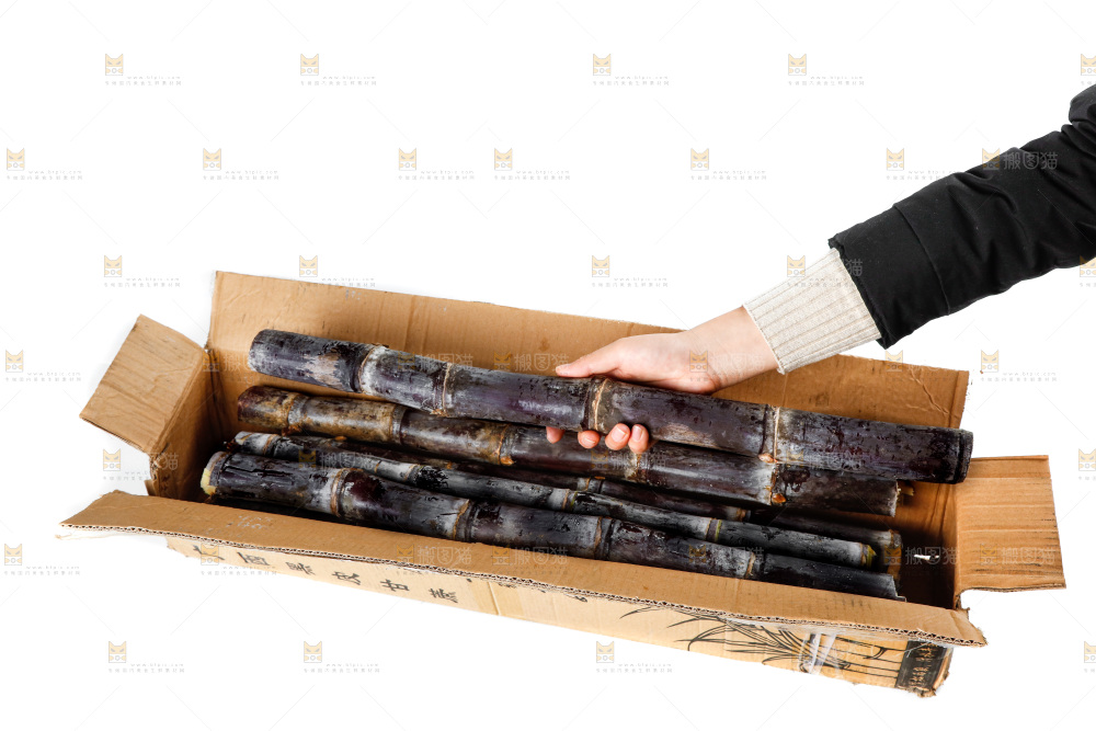 白底上一箱黑皮甘蔗和手上拿着甘蔗