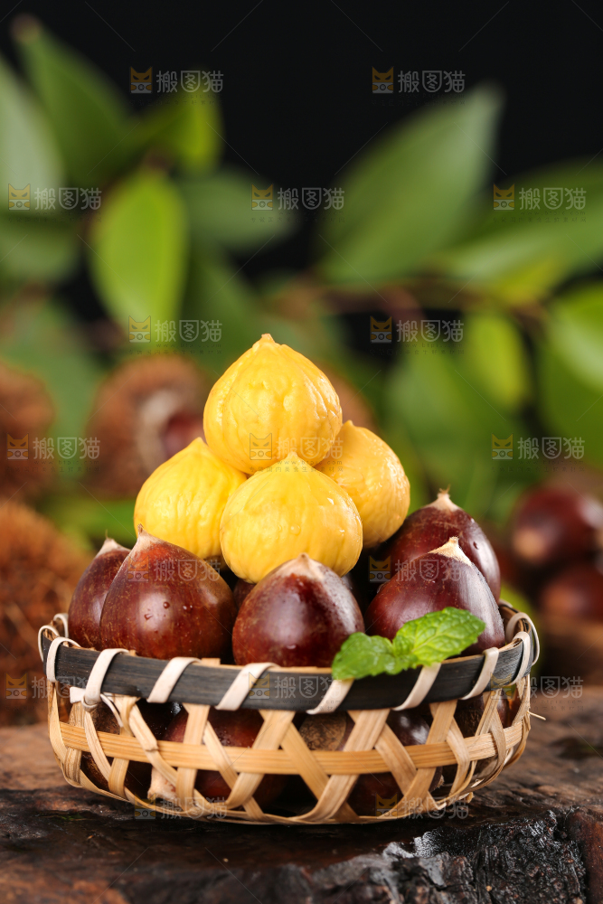 木底上篮子里的锥栗