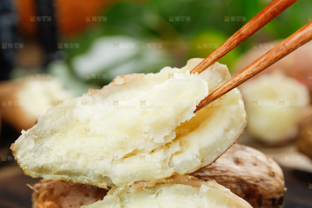 筷子上夹着白心板栗薯