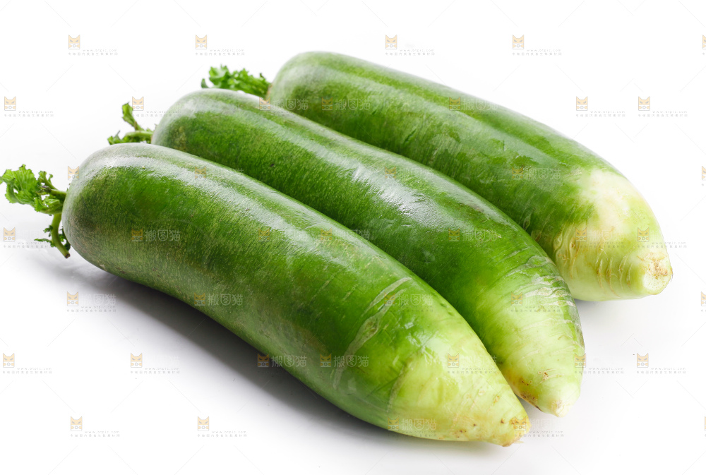 白底上摆放着绿心萝卜