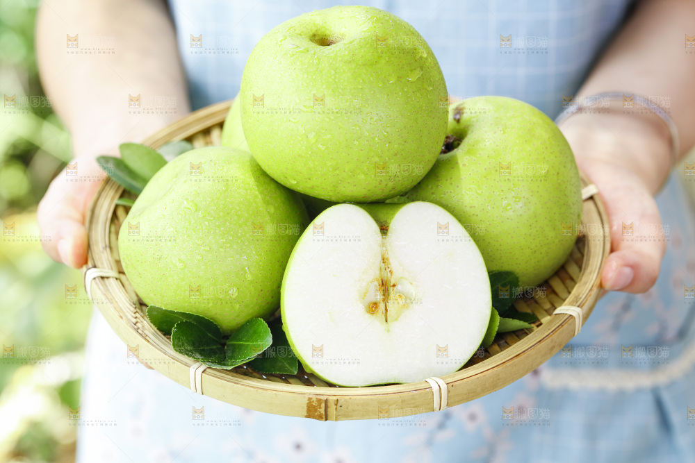 手拿一盘砀山青皮翠冠梨