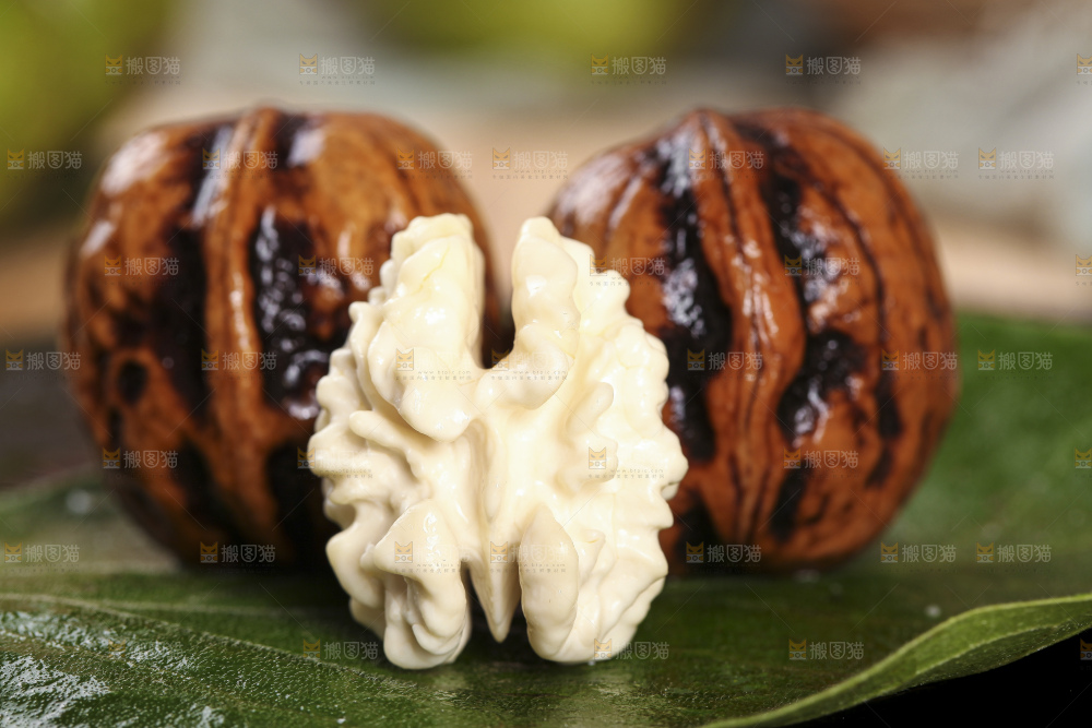 树叶上放着去皮湿核桃果仁