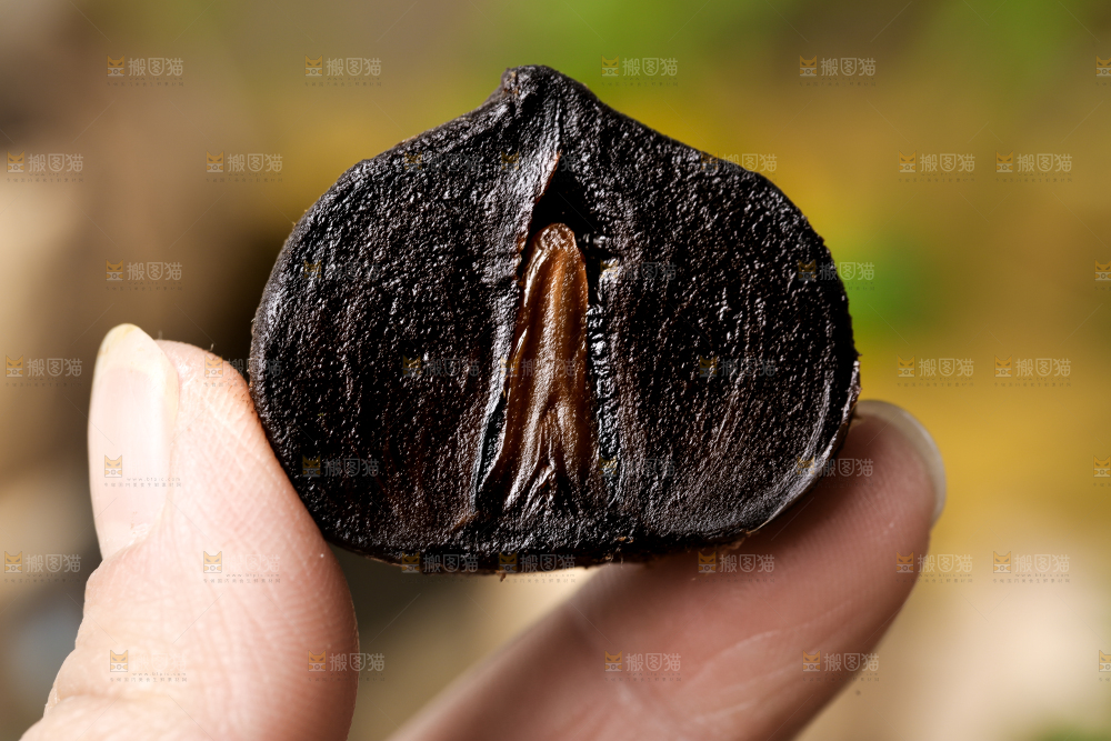 手里拿着黑蒜头