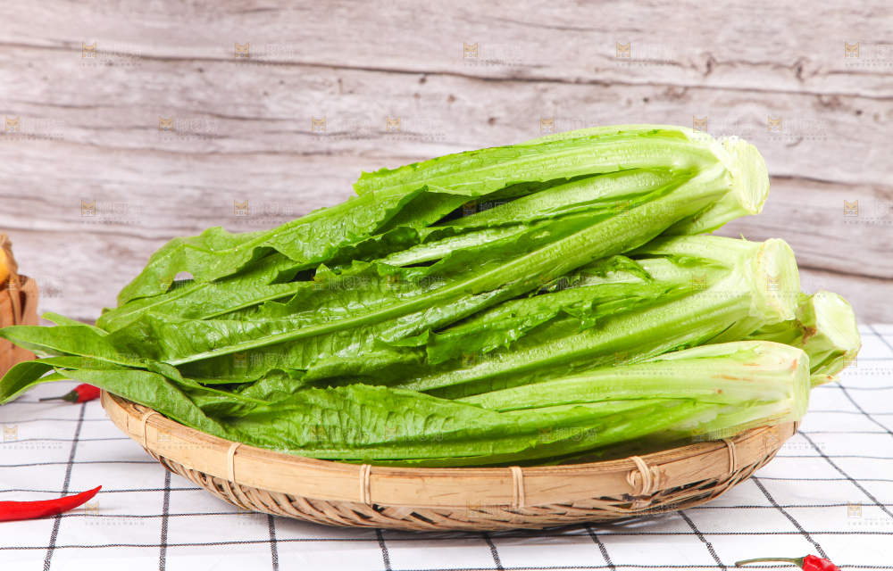 白格子底上放着新鲜油麦菜