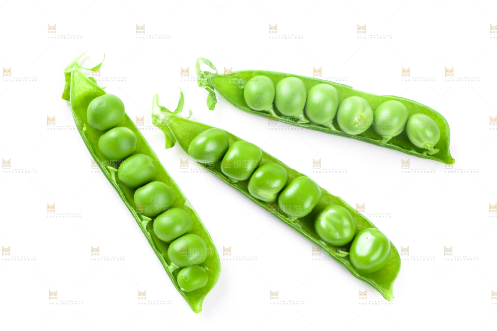 白底上放着新鲜豌豆粒