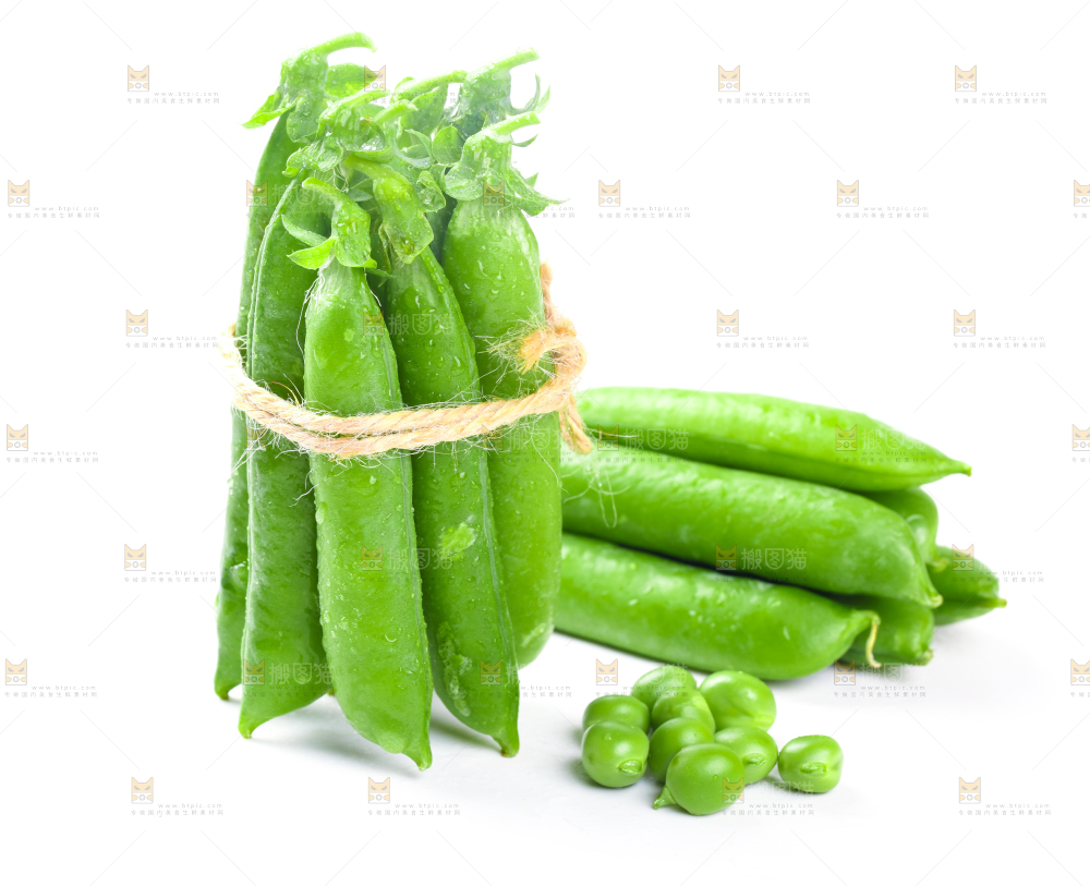 白底上放着一捆新鲜豌豆