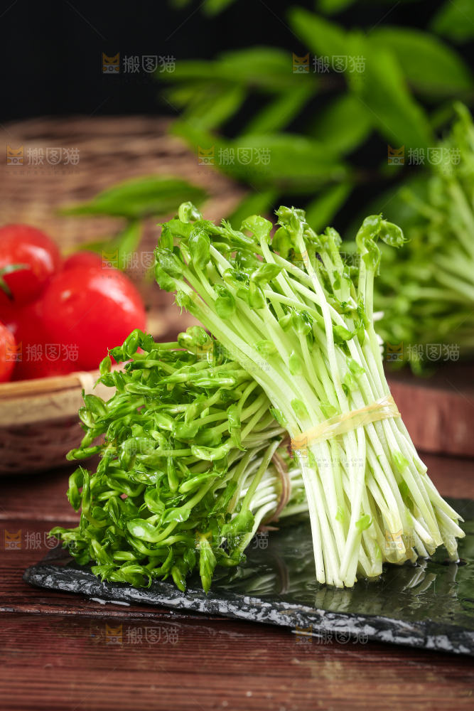 黑石板上的豌豆芽苗菜