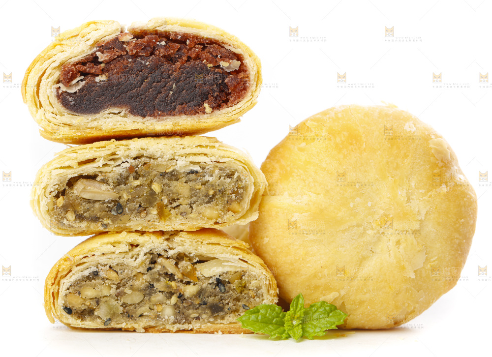 白底上摆放着一堆苏式月饼