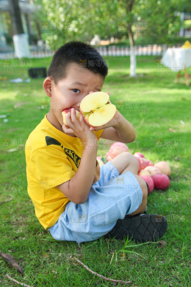 小男孩正在吃苹果