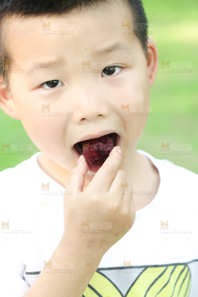 小男孩正在吃杨梅