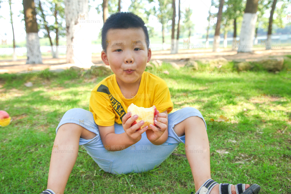 小男孩正在吃苹果