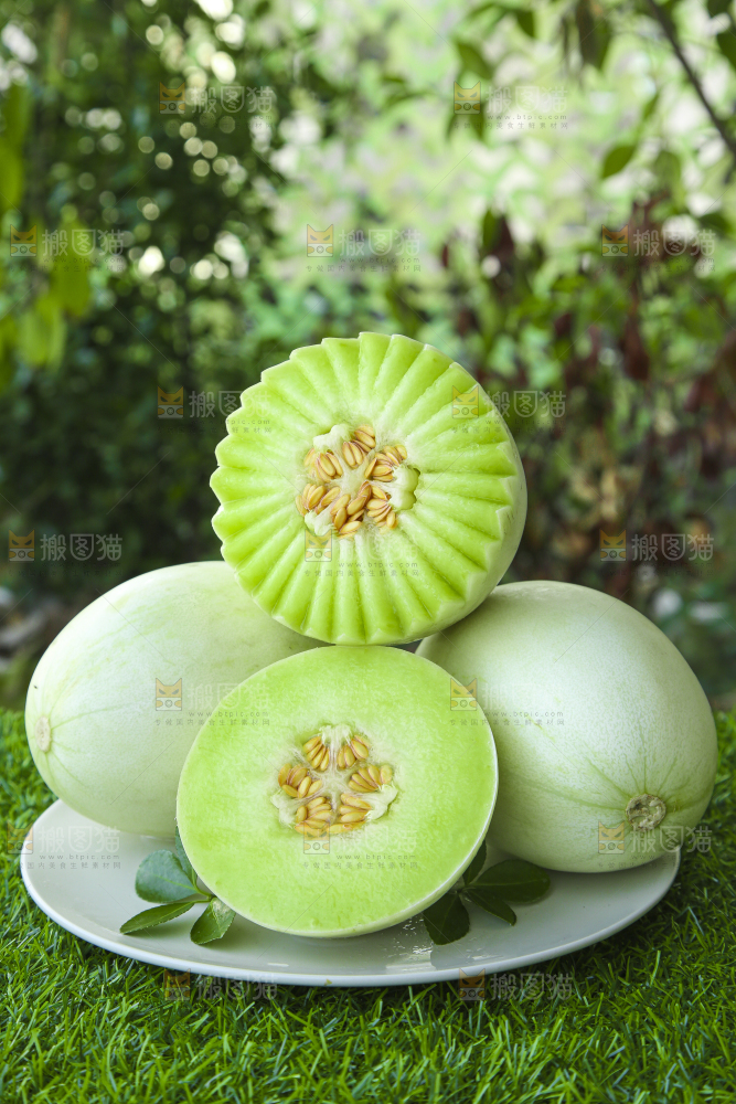 绿草地上放着一盘玉菇香瓜