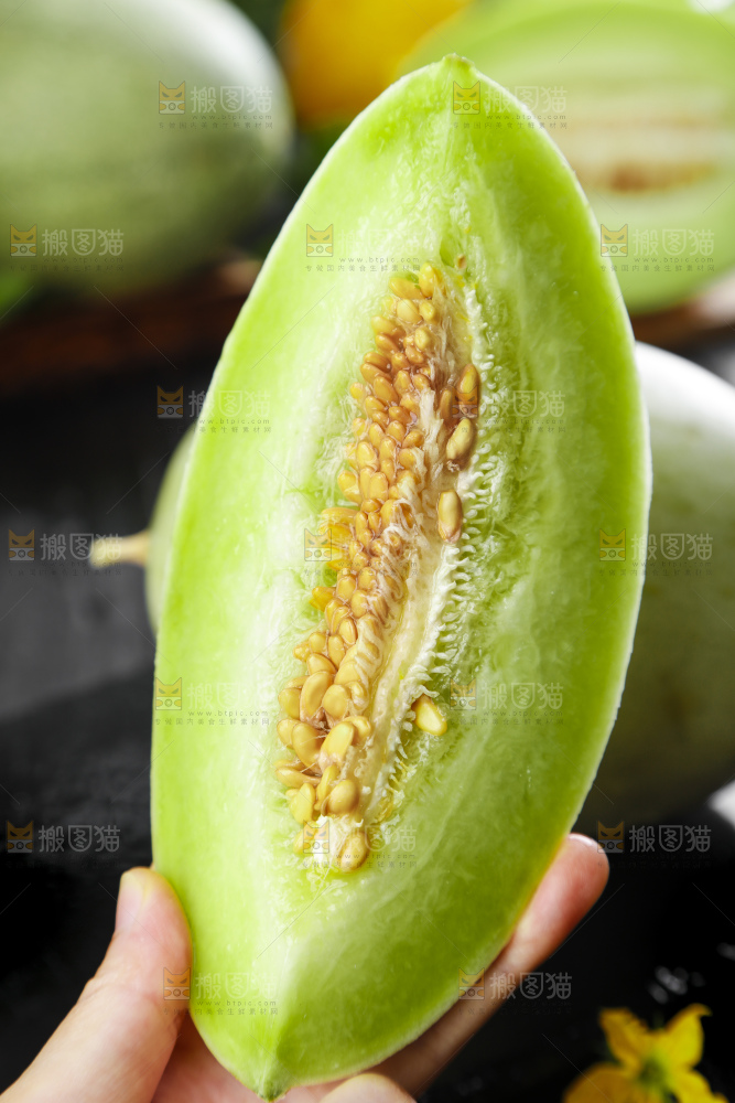 黑底上摆放着山东玉菇甜瓜
