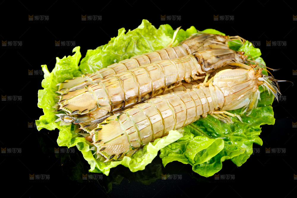 黑底上摆放着舟山皮皮虾