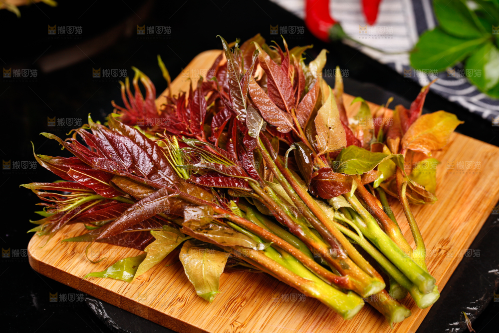 木板上放着香椿苗芽