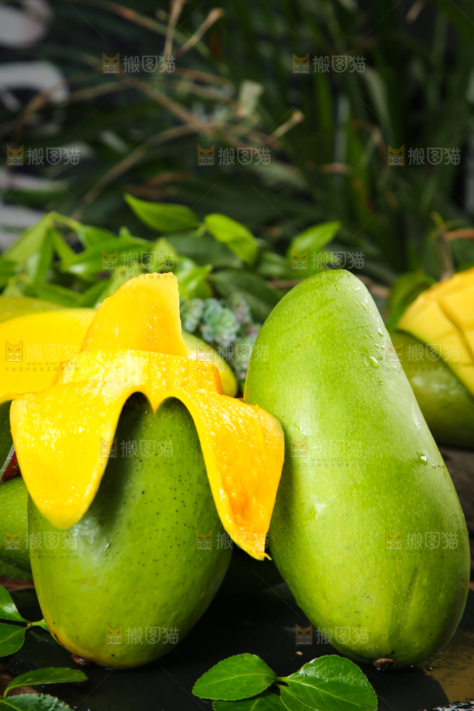 黑底上摆放着青皮芒果