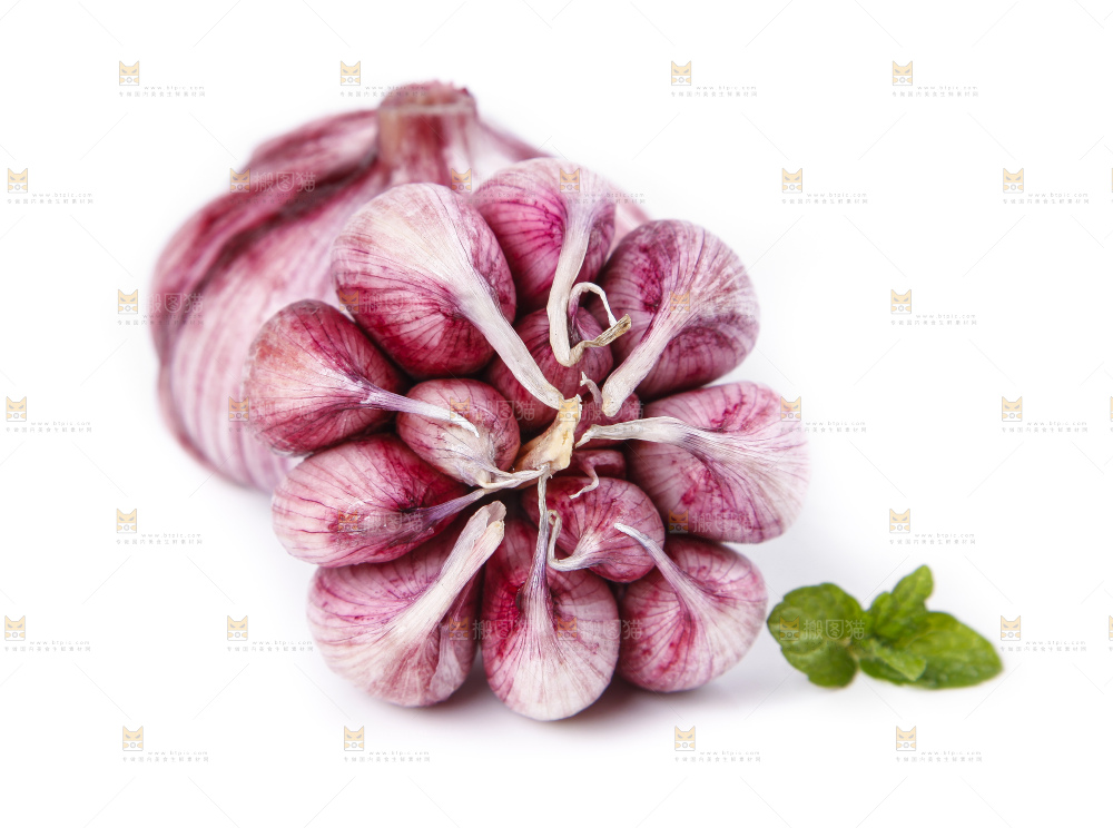 白底上放着紫皮蒜