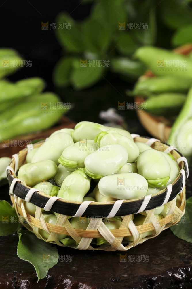 一筐新鲜云南蚕豆粒放在深底上