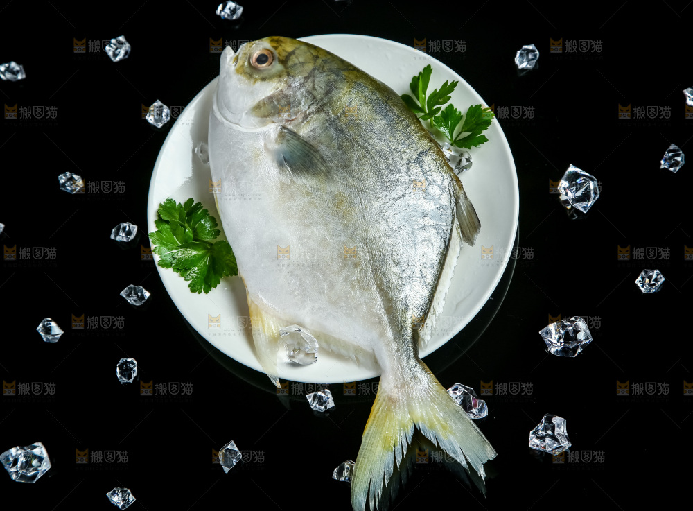 黑底上放着一盘金鲳鱼
