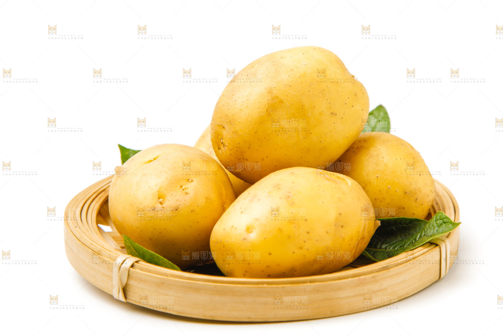 一盘新鲜土豆放在白底上