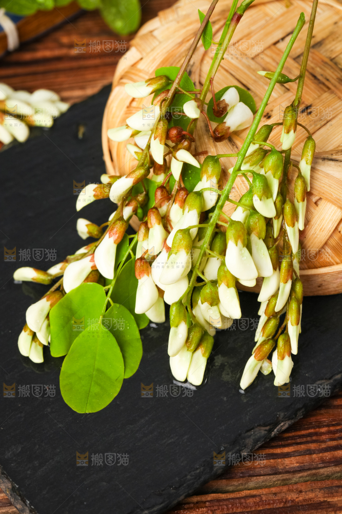 竹篮上放着新鲜槐花