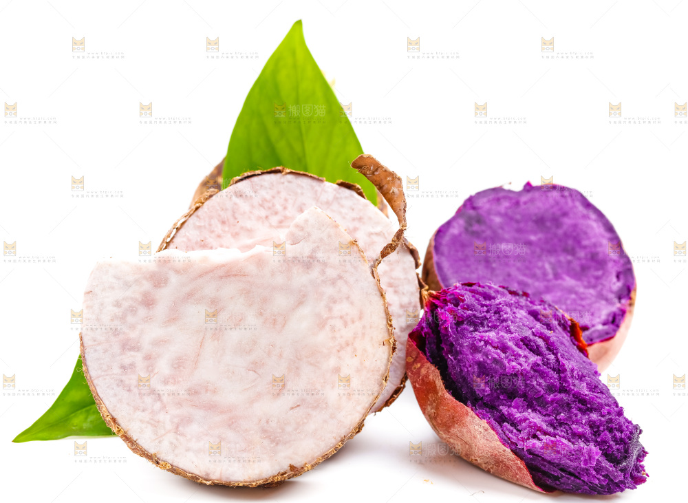 白底上的荔浦芋头和紫薯