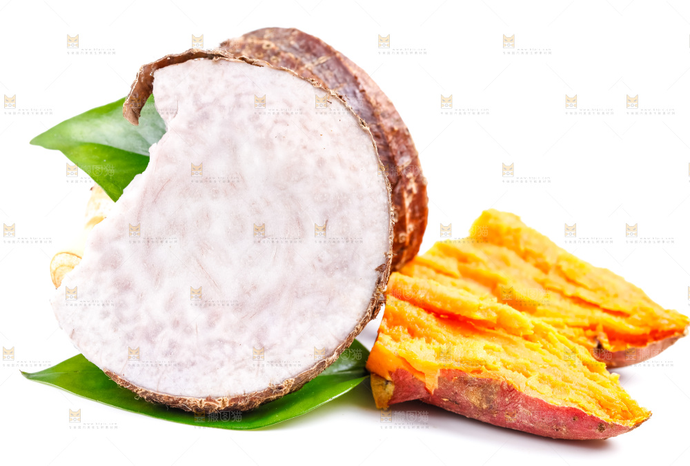白底上的荔浦芋头和蜜薯