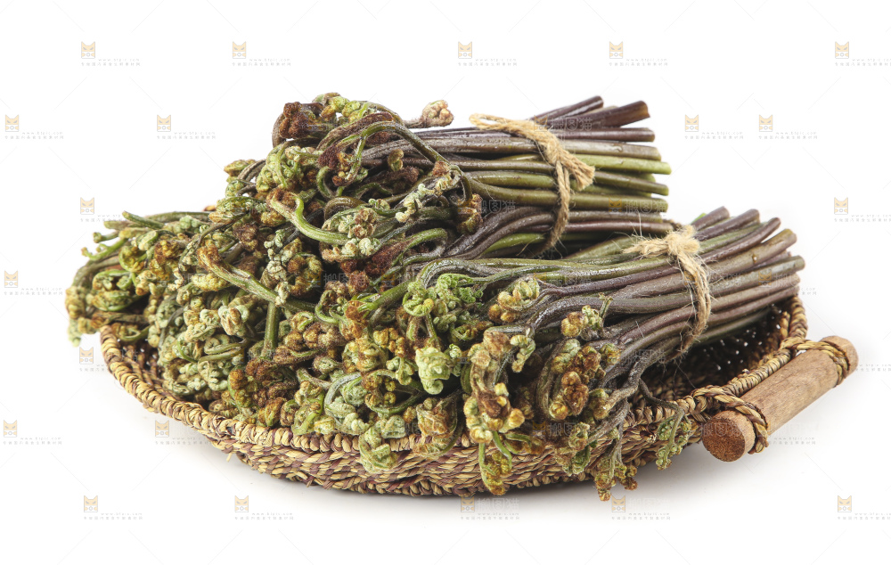 白底上放着一篮新鲜蕨菜