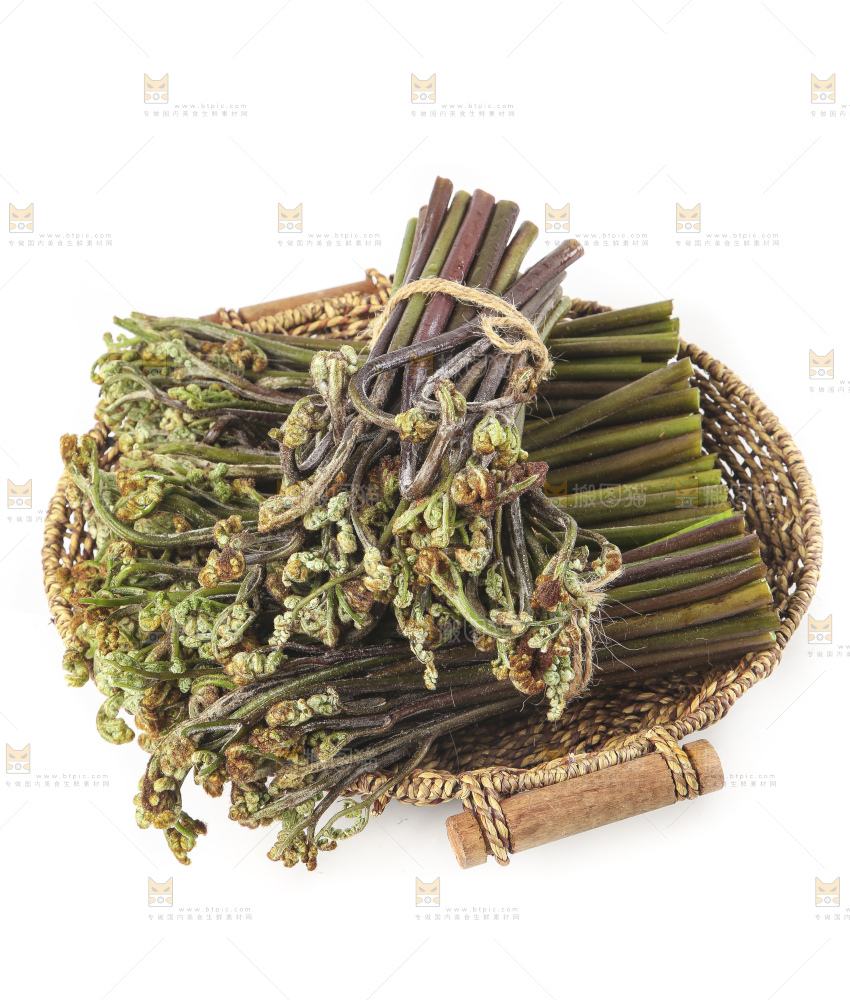 白底上放着一篮新鲜蕨菜