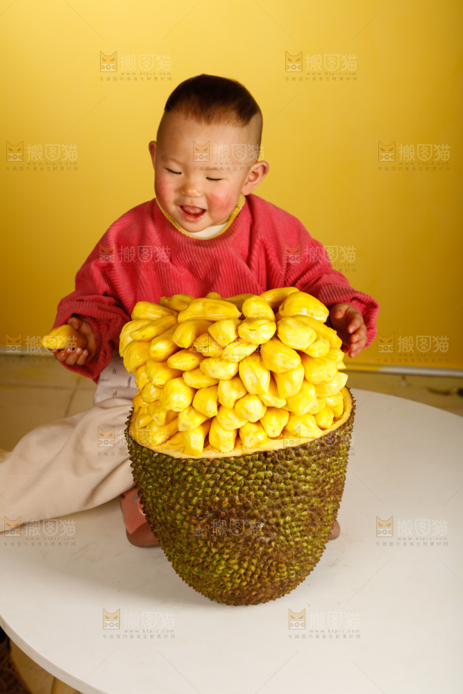 孩子吃着黄肉菠萝蜜