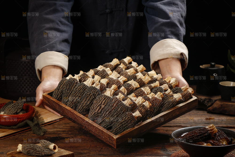 手里端着一盘带柄羊肚菌