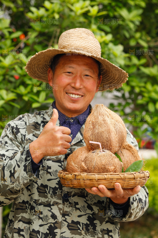 手里端着一篮海南老椰子