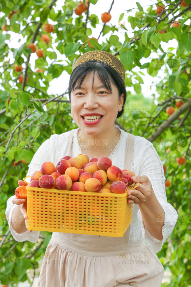 果园里女人手里端着一篮小红杏