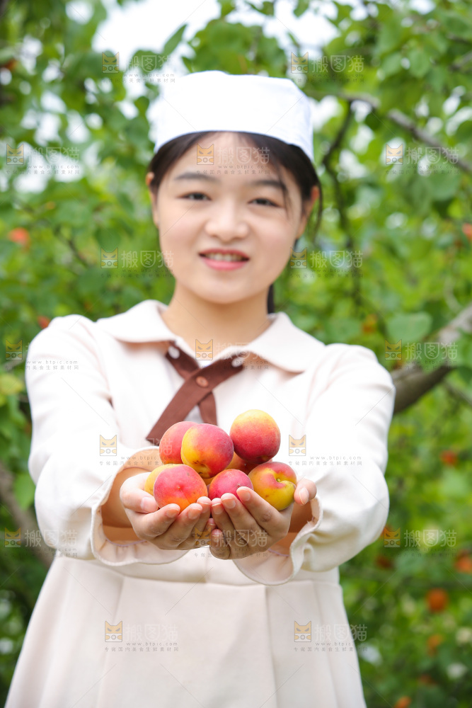 果园里女人手里捧着红杏
