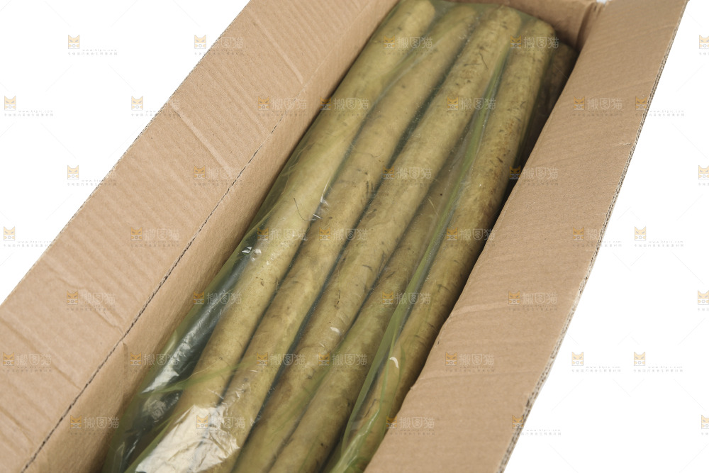 白底上放着一箱新鲜牛蒡根