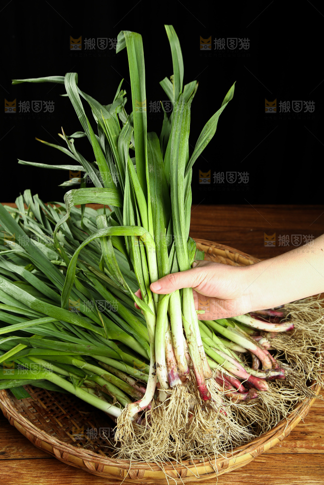 手里拿着蒜苗
