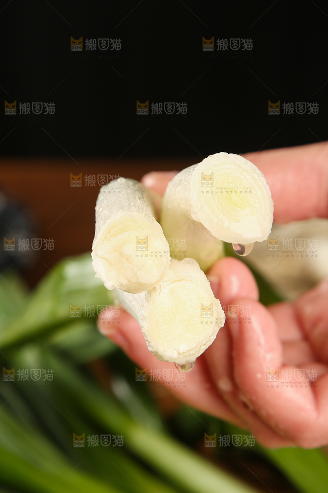 手里拿着大蒜苗