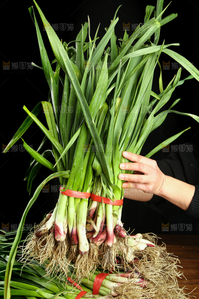 手上拿着蒜苗