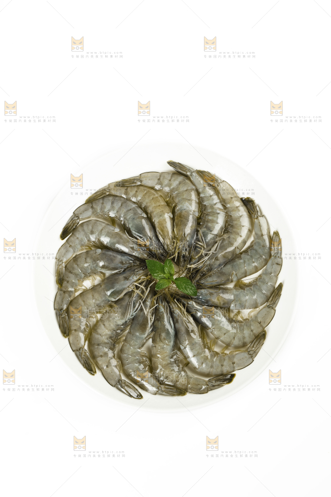 白底上放着一盘大虾