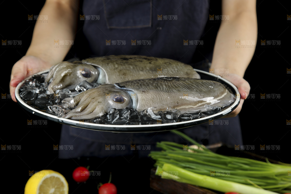 手上端着一盘北海墨鱼