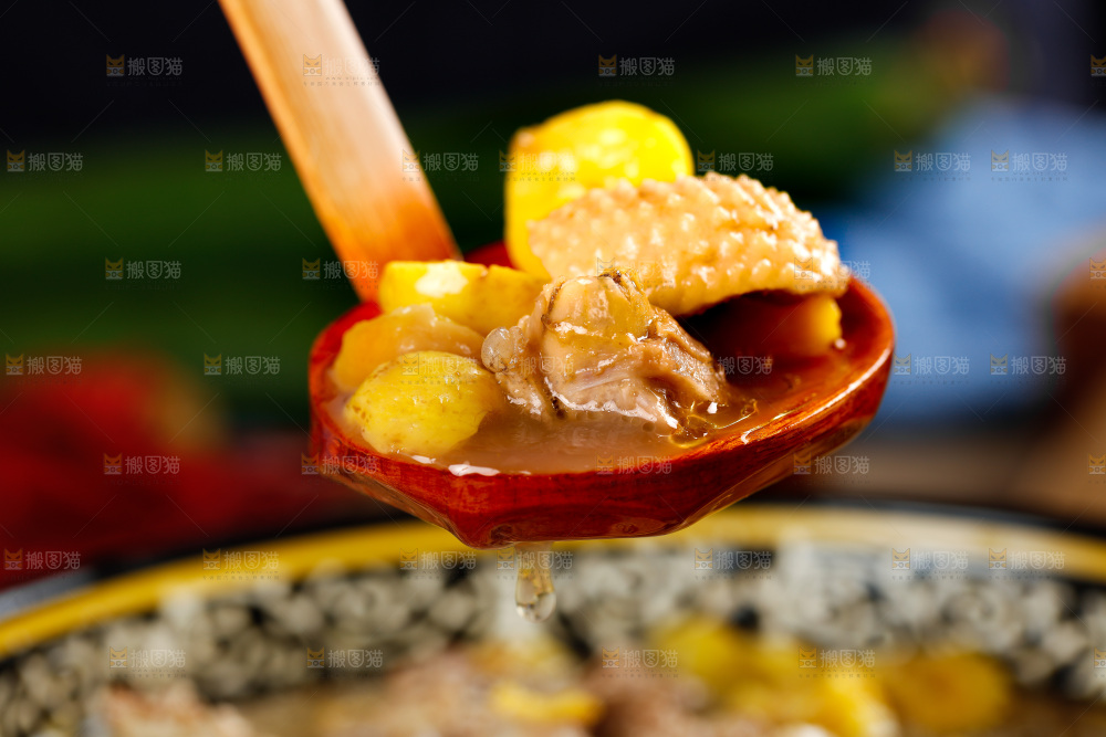 勺子里舀着板栗炖鸡