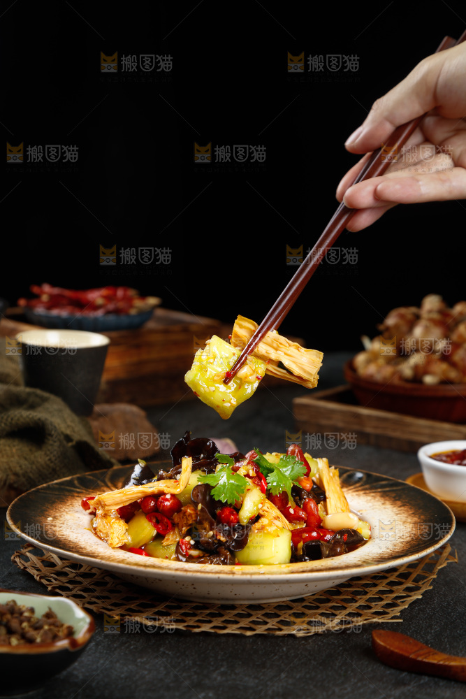 筷子上夹着黄瓜拌腐竹