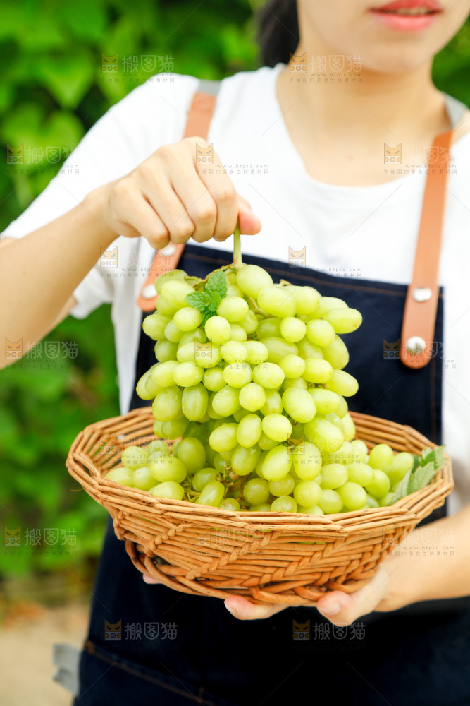 手里端着一篮新疆无核白葡萄