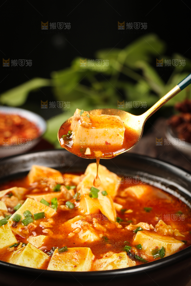 勺子上舀着麻辣豆腐