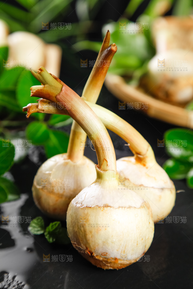黑石板上放着白茨菇