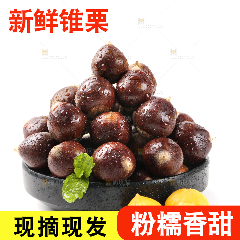 白底上放着一盘新鲜锥栗