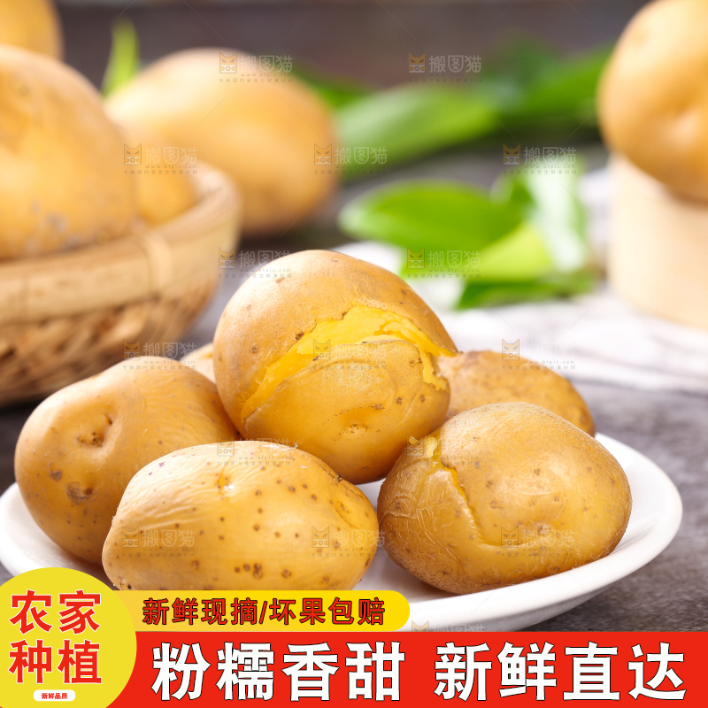 石板上放着一盘黄心小土豆