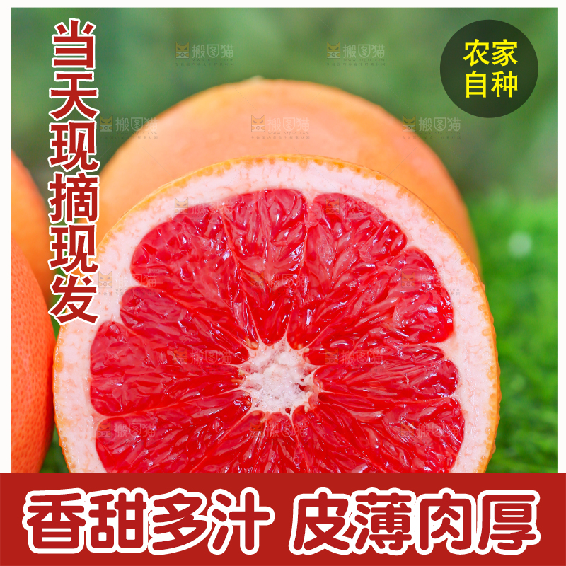 草地上放着切开的红心西柚