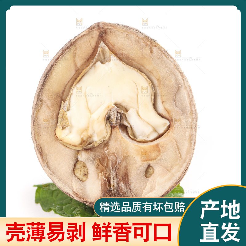 白底上放着切开的新鲜去皮湿核桃