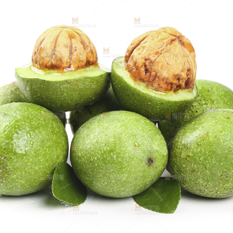 去皮的湿核桃放在白底上